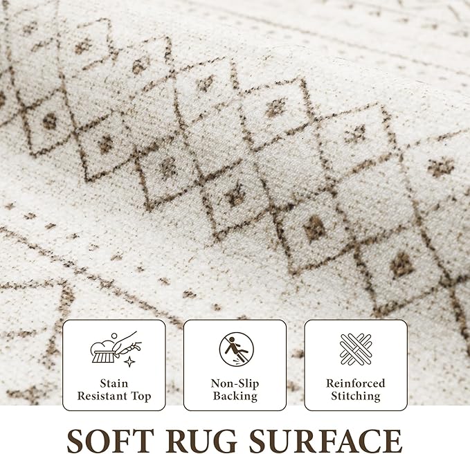 Area Rug 3x5 Geometric Rug: Washable Boho Moroccan Rugs Soft Farmhouse Rug, Modern Neutral Stain Resistant Indoor Floor Carpet for Livingroom Bedroom Dining Table Nursery(Brown,3X5)