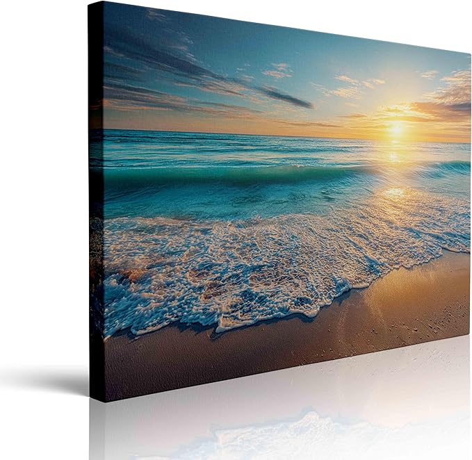 Coastal Sunset Canvas Wall Art Framed Print Serene Beach Scene with Golden Horizon Blue Waves Calming Ocean Wall Decor Artwork for Living Room Bathroom Decor 16x24 Inches