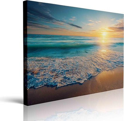 Coastal Sunset Canvas Wall Art Framed Print Serene Beach Scene with Golden Horizon Blue Waves Calming Ocean Wall Decor Artwork for Living Room Bathroom Decor 16x24 Inches