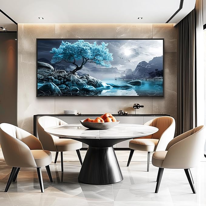 KELIYUAN Large Canvas Wall Decor Bedroom Blue Tree Landscape Wall Paintings Wall Art For Living Room Black And White Pictures Office Mural Framed Prints Artwork Modern Home Decor Aesthetics 32"X72"