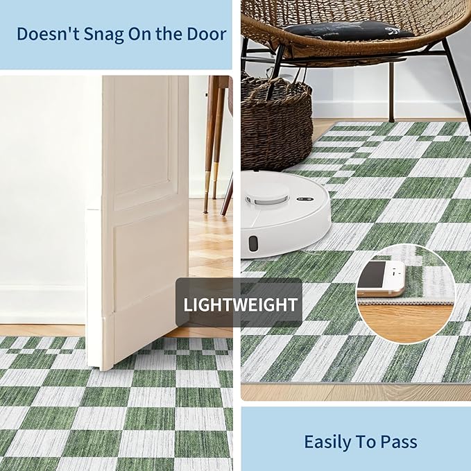 GarveeHome 2×8 Kitchen Runner Rug Non Slip,Sage Green Checkered Rug,Washable Runner Rug for Hallway Soft Low-Pile Geometric Checkerboard Rugs for Entryway Kitchen Dining Room