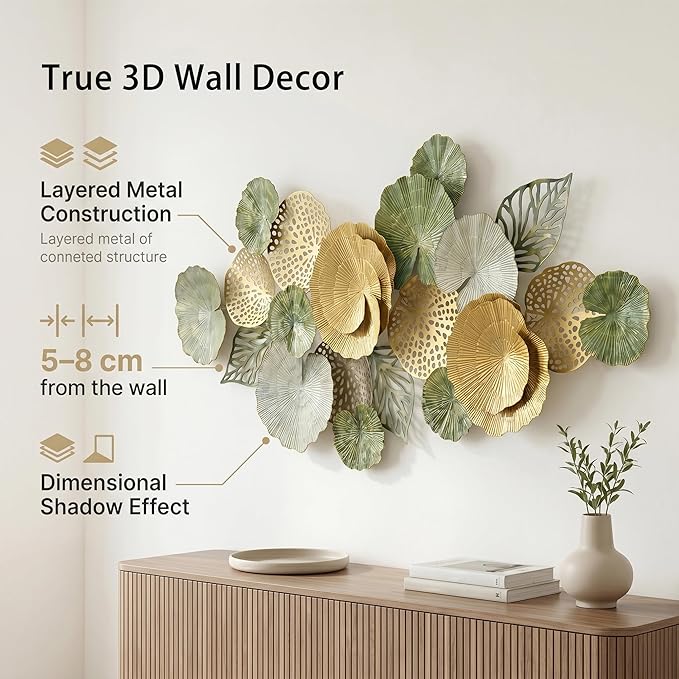 Axioglo Large Metal Wall Art Decor, 3D Abstract Botanical Leaf Design, Handcrafted Metal Wall Sculpture for Living Room, Bedroom & Entryway（51"）