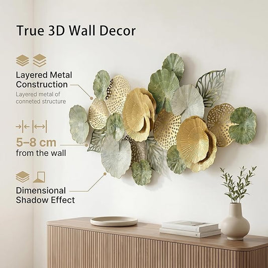 Axioglo Large Metal Wall Art Decor, 3D Abstract Botanical Leaf Design, Handcrafted Metal Wall Sculpture for Living Room, Bedroom & Entryway（51"）