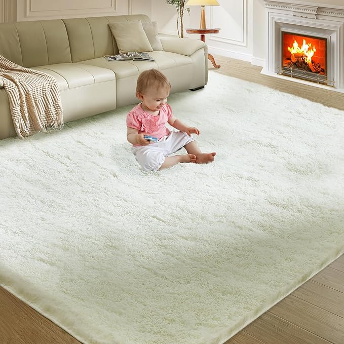 Ultra Soft Rug for Living Room, 6X9 Fluffy Shag Area Rug for Bedroom, Modern Shaggy Carpets Fuzzy Rug for Teens Dorm Nursery Home Decor Aesthetic, Upgrade Anti-Skid Durable, Cream White
