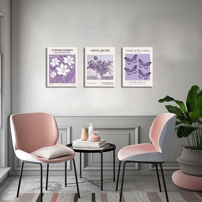 Van Gogh Canvas Wall Art Set of 3, Purple Lavender Flower Market Wall Decor Paintings, Picasso Butterfly Aesthetic Posters Prints Room Decor for Teen Girls Dorm Bedroom Bathroom 12x16In Framed