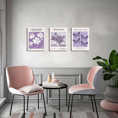 Van Gogh Canvas Wall Art Set of 3, Purple Lavender Flower Market Wall Decor Paintings, Picasso Butterfly Aesthetic Posters Prints Room Decor for Teen Girls Dorm Bedroom Bathroom 12x16In Framed