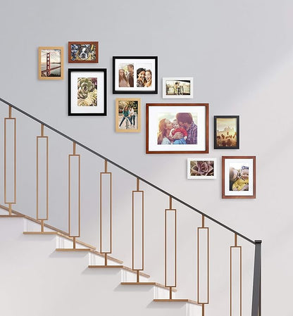 Kate and Laurel Gallery Mid-Century Wood Wall Frame Set, Set of 10, Walnut Brown, Gold, Black, and White