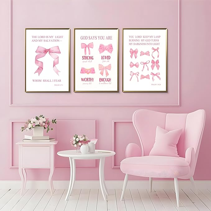 JBZDD Christian Pink Bow Wall Art Posters Set of 3 Unframed Inspirational Bible Verse Quotes Prints for Girls Room College Dorm Bathroom Bedroom Living Room Decor 12x16in