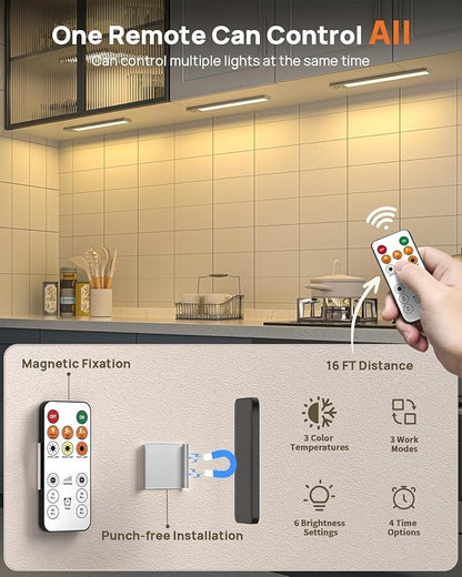 16inch Under Cabinet Lighting Wireless, Rechargeable Motion Sensor Light Indoor, Closet Lights with Remote, 3 Color Temps & Dimmable, Magnetic Under Counter Lights for Kitchen, Stairs, Pantry, 5 Pack