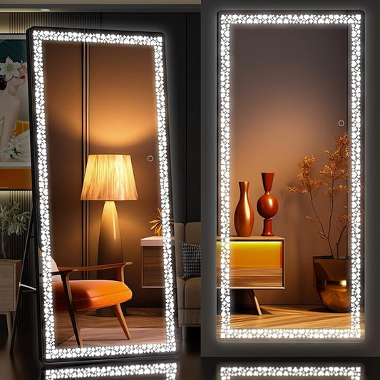 Hasipu 64” x 20" Full Length Mirror with LED Lights, Full Body Mirror for Vanity, Dressing Room, LED Free Standing Floor Mirror, Wall Mounted Mirror Dimming & 3 Color Modes