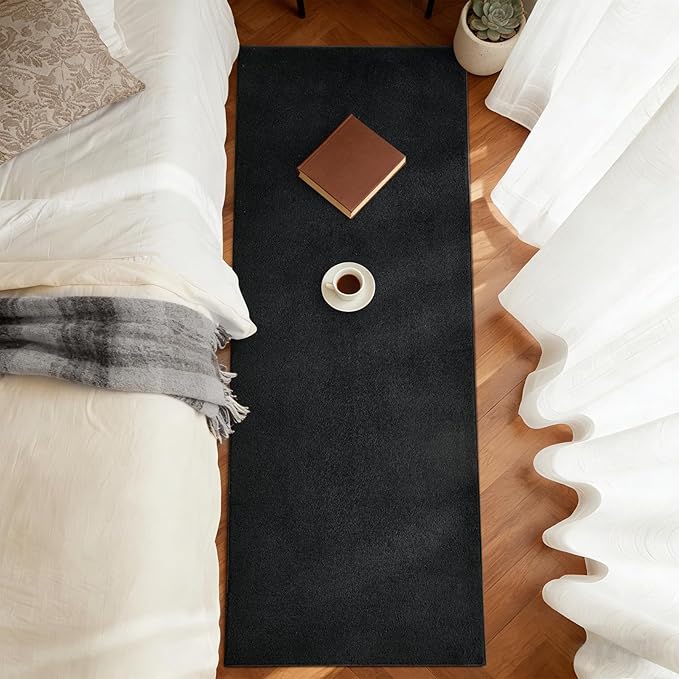 FinRèc 2x8 Washable Runner Rugs for Kitchen Hallway Bedroom, Low Pile Thin Rug Solid Color, Non-Slip Carpet Indoor for Home Decor (Pure Black)