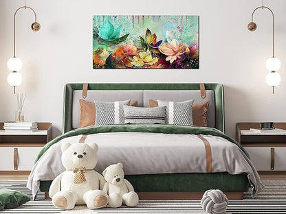 GUGIKA Flower Wall Art for Living Room, Colorful Floral Canvas Wall-Art for Bedroom, Watercolor Lotus Print, Large Size 59x29 Inches