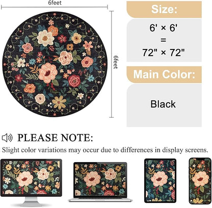 DUKINO Floral Round Rug, 6ft Washable Circle Rug, Non Slip Indoor Low Pile Circle Rug, Soft Small Boho Design Carpet for Bedroom, Entryway, Living Room, Dining Room, Black