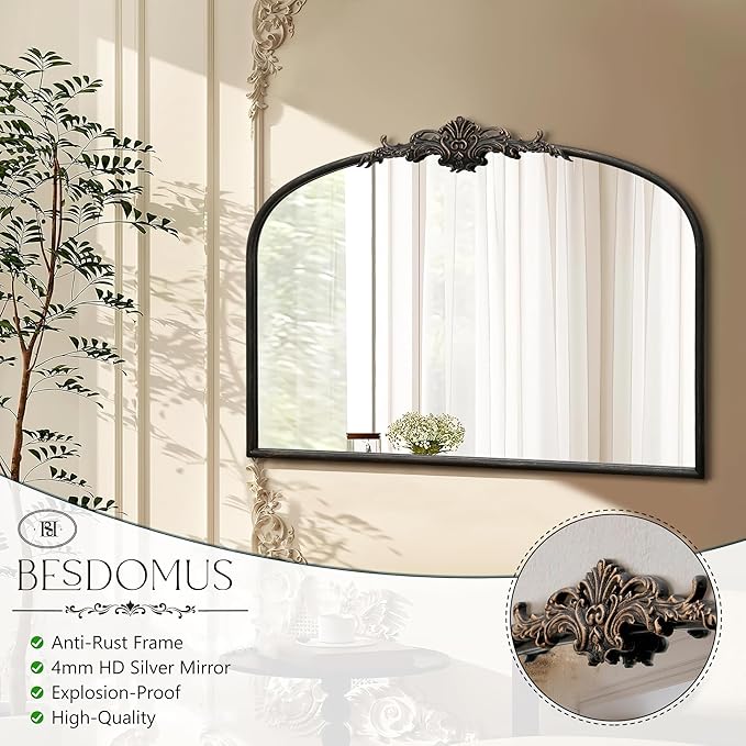 Besdomus Vintage Arched Black Mirror: 32"x24" French Large Black Vintage Wall Mounted Mirror - Baroque Traditional Ornate for Living Room/Fireplace/Bathroom- Wall Decor for Interior Designers