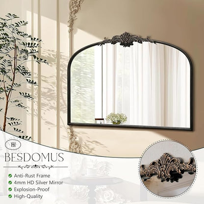 Besdomus Vintage Arched Black Mirror: 32"x24" French Large Black Vintage Wall Mounted Mirror - Baroque Traditional Ornate for Living Room/Fireplace/Bathroom- Wall Decor for Interior Designers