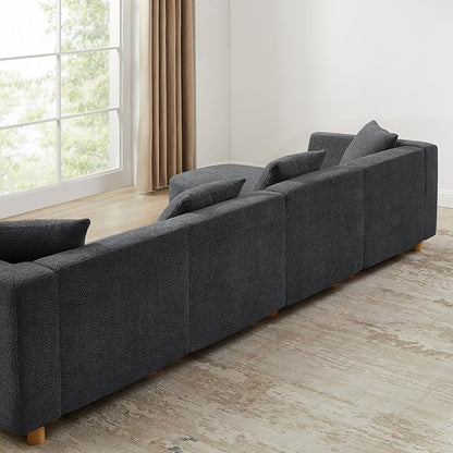 VANOMi 113" Sectional Sofa with 4 Pillows, U-Shaped 4-Seater Comfy Boucle Cloud Couch, Modern Double Chaises Lounge Sofas for Living Room, Office, Apartment (Dark Gray-U)