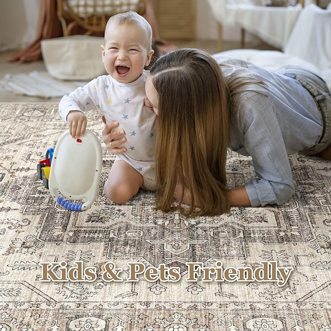 Area Rug 5x7 Washable Vintage - Soft Traditional Rugs for Living Room Large Non Slip Backing with Low Pile Farmhouse Oriental Retro Carpet for Bedroom Dining Room or Home Office - Light Brown