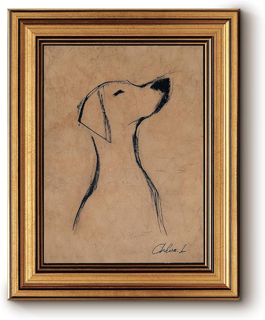 Bzstyleart Vintage Wall Art Decor, Gold Framed Wall Art 8 x 10 Inch Sketch Dog Pictures, Vintage Gold Framed Dog Wall Art, Canvas Picture Print Animal Painting for Bedroom Living Bathroom