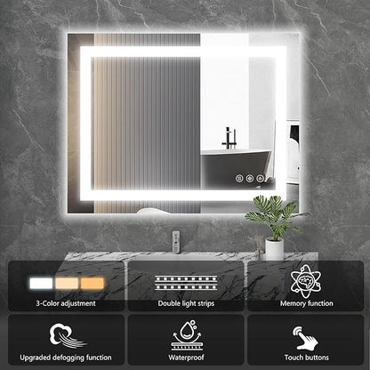 Sweetcrispy 24"x32" Smart Anti-Fog LED Bathroom Mirror with Lights and Front Light & Backlit, 3 Color Temperatures, Dimmable, Memory Function, Rectangle Modern Vanity Mirror
