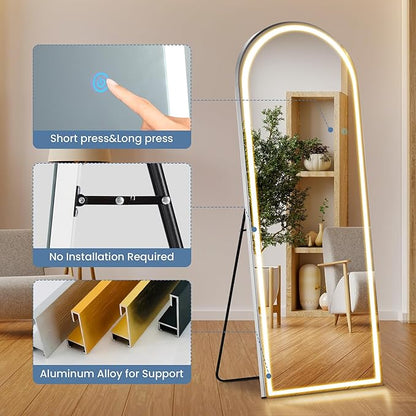 DUMOS Arched LED Full Length Floor Mirror, 26"×70" Full Body Standing Mirror with Lights, 3 Color Lighting, Hanging or Leaning, Wall Mounted, Modern Simple Home Wall Decor, White