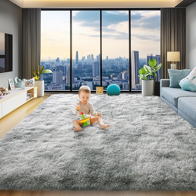 qulint Living Room Rug 8x10, Soft Fluffy Rug for Bedroom Shag Shaggy Large Carpet for Dorm, Fuzzy Plush Grey Carpet for Boys and Girls Kid Room Classroom Home Decor (8ft x 10ft, Tie-Dyed Gray)