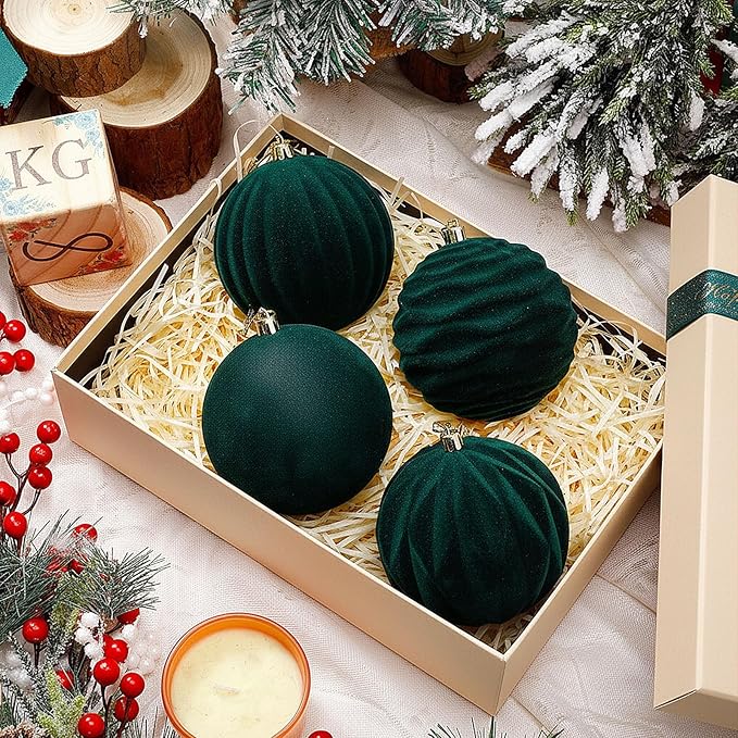 Liliful 12 Pcs Velvet Christmas Ornaments Balls, 4 Inch Flocked Plastic Christmas Tree Ball Shatterproof Hanging Ornaments Decorations for Xmas Tree Vintage Holiday Rustic Home Decor(Dark Green)