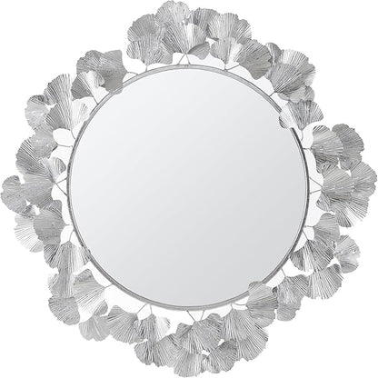 Martha Stewart Wall Décor Large Gingko Leaf Round Wall Mirror for Living Room, Iron Metal Plate Frame Antique Finish, Ready to Hang Bedroom Decoration, Eden, 30.5", Silver