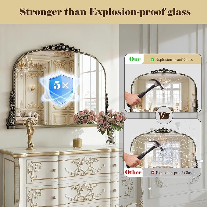Large Bronze Vintage Mirror - 28"X36" French Baroque Antique Mirror - Traditional Ornate Decorative Wall Mounted Arched Mirrors for Bedroom Mantel Entryway Hallways - Home Decor for Living Room