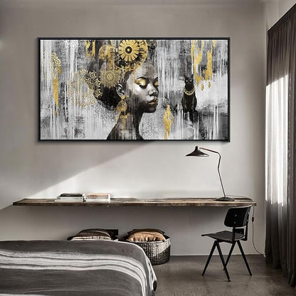 KLAKLA Large Black Wall Art - African American Black Girl Wall Art Colorful Black African Woman Black and Gold Canvas Picture Framed Wall Decor for Living Room Bedroom Home Decoration