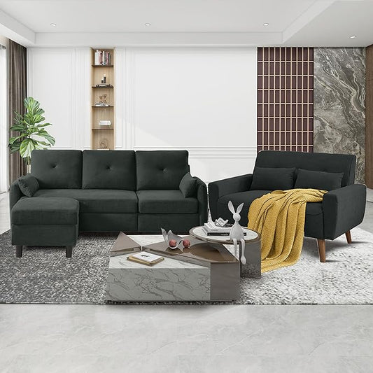 Convertible Sectional Couch Set, 77" L Shaped Sofa with Ottoman and 48" Loveseat, Modern Couches for Living Room, Apartment and Office, Black