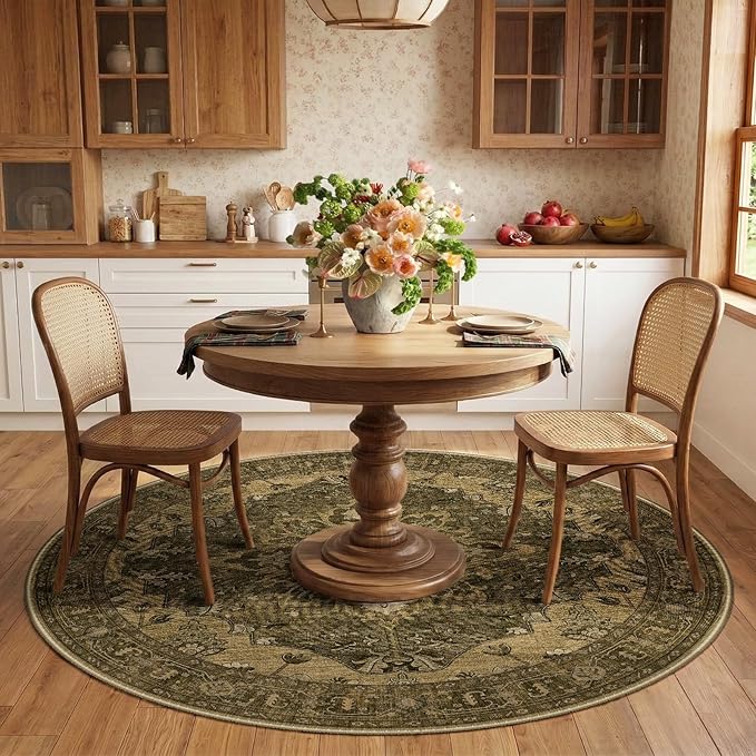 RELEANY Area Rugs Round 6ft Washable Non-Slip, Floral Vintage Distress Print Pattern Medallion Carpet for Living Room Bedroom Dining Room, Brown Dark Brown