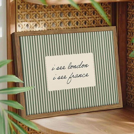 Vintage Quote Wall Art, I See London I See France Funny Bathroom Wall Decor Painting, Minimalist Green Striped Canvas Print Picture for Bathroom Bedroom Living Room 12x16 Inch Framed