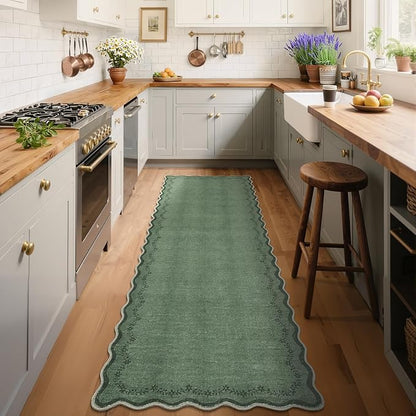 GarveeHome 2.5x8 Scalloped Washable Runner Rug for Kitchen, Soft Green Long Hallway Runner Non Slip Entryway Rug Farmhouse Thin Laundry Mat Stain Resistant Carpet for Bathroom Beside Rug