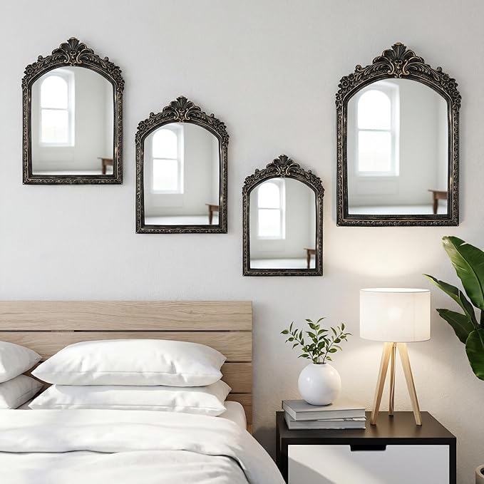 Thyle 4 Pcs Vintage Mirror Set Gold Antique Makeup Mirror Arch Retro Resin Baroque Decorative Wall Square Hanging Desk Tabletop Room Bedroom Bathroom Gallery (13x9 10x7 8x5 7x4)(Dark Color)