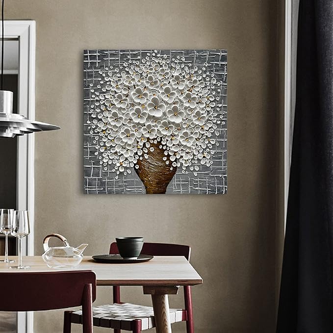 Epicler Hand-Painted 3D Abstract Modern Oil Painting Wall Art,24x24 Inch White Flower Painting, Flower Wall Art Painting,Living Room Bedroom Wall Decoration Oil Painting Ready to Hang