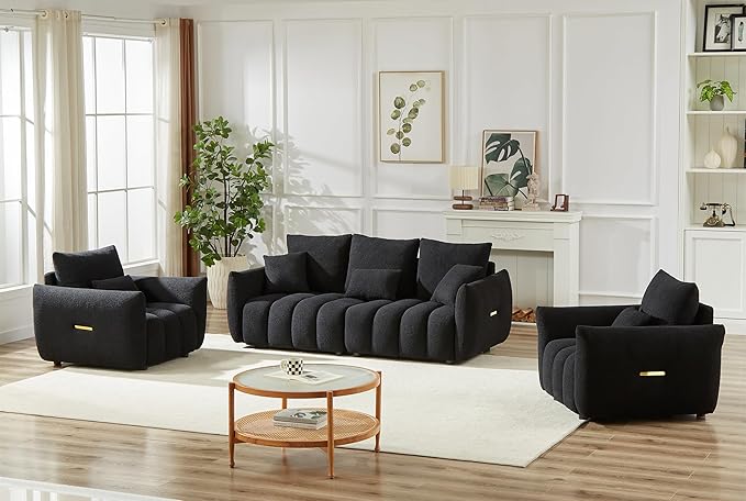 Antetek Set of 3 Teddy Sofa for Living Room, Modern 2 Units Deep Seat Sofa Chairs and an Oversized 3-Seater Cloud Boucle Couch for Bedroom, Office, Apartment, Furniture Set, Black (3 Pieces)