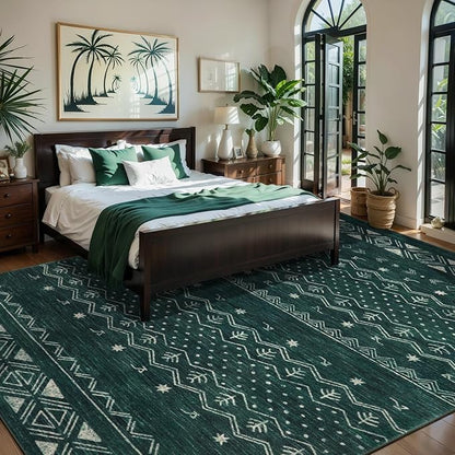 SERISSA 5x7 Area Rugs for Living Room, Washable Non-Slip Dark Green Boho Rug, Soft Low-Pile Geometric Indoor Large Carpet for Dining Room Bedroom Home Office Playroom