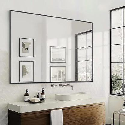 Antok Bathroom Mirror, 55"x36" Wall Mirror, Decorative Mirrors Vanity Mirror Aluminum Alloy Frame Contemporary Rectangular Hanging Mirror for Living Room Bathroom Entryway,Black,Rect Corner
