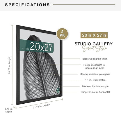 MCS Studio Gallery 20x27 Poster Frame Black Woodgrain Engineered Wood, Vertical & Horizontal Wall Hanging Large Picture Frame for Photos, Posters & Art Prints (2-Pack)