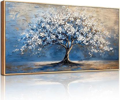 SERIMINO Tree of Life Wall Art, Framed Wall Art Large Artwork, Cherry Blossom Tree Abstract Paintings Prints, Nature Canvas Art Wall Decor, Blue Neutral Pictures for Living Room Bedroom Office 29"X57"