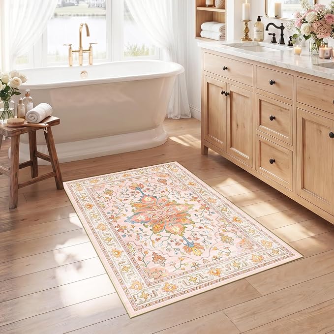 RELEANY Area Rugs 2'6"x4' Kitchen Rugs Entry Rug Small Rugs for Entryway Kitchen Bathroom Door Mat Indoor Entrance,Washable Non Slip, Light Pink Colorful
