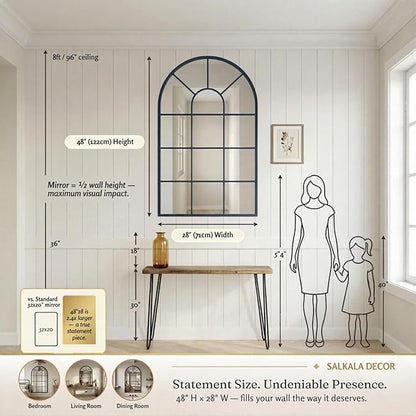 Blue Framed 48x28Inch Arched Window Pane Mirror| Arched Mirrors for Wall & Floor | Arch Mirror Full Length for Entryway Living Room & Bedroom | Oversized Mirrors | Wall Art Decorative |Farmhouse