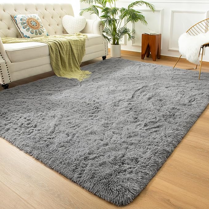 Andecor Soft Fluffy Bedroom Rugs, 8 x 10 Feet Indoor Shaggy Plush Area Rug for Boys Girls Kids Baby College Dorm Living Room Home Decor Floor Carpet, Grey
