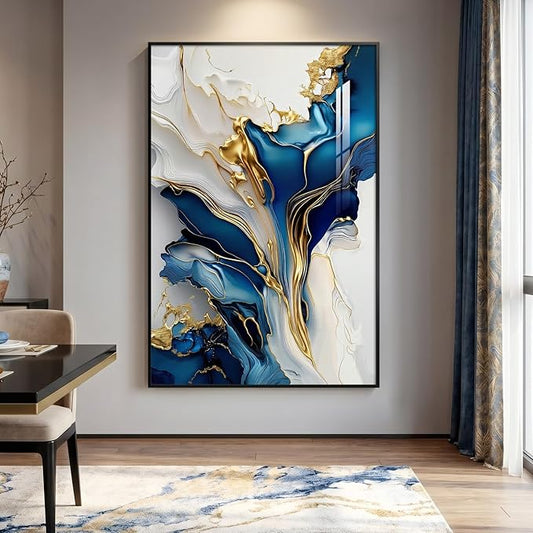 Extra Large Black Framed Gold and Blue Abstract Wall Art for Living Room, Vertical Modern Elegant Prints Painting Artwork for Walls, Contemporary Pictures Wall Decor for Bedroom and Office, 40x60 In