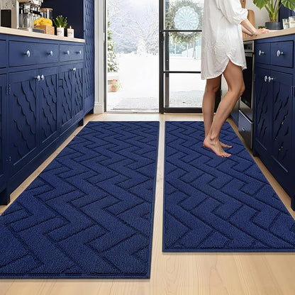 hicorfe Kitchen Runner Rugs and Mats Sets,2 Pieces Absorbent Non-Slip Kitchen Rug,Comfort Kitchen Mat for Floor,Washable for Kitchen,Hallway,Office,Sink,Laundry(20"x59"+20"x48",Navy Blue)