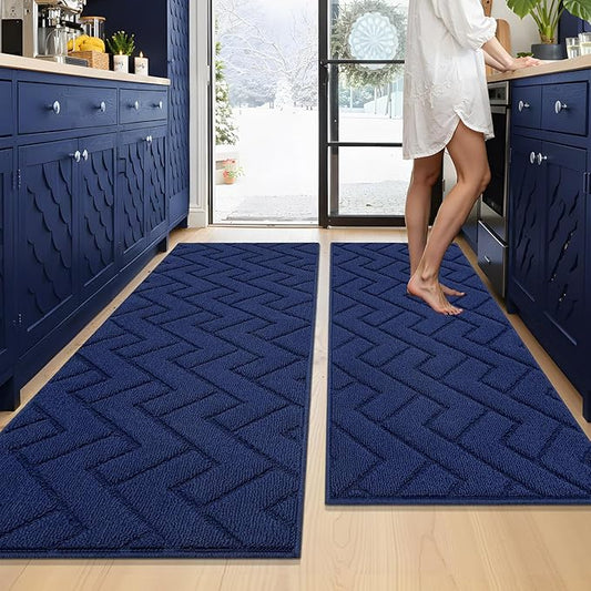 hicorfe Kitchen Runner Rugs and Mats Sets,2 Pieces Absorbent Non-Slip Kitchen Rug,Comfort Kitchen Mat for Floor,Washable for Kitchen,Hallway,Office,Sink,Laundry(20"x59"+20"x48",Navy Blue)
