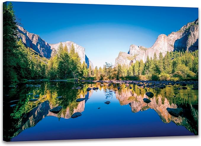 SKASNFAI Yosemite National Park Canvas Wall Art Forest Artwork Blue Lake Picture Prints Framed Home Decor for Bedroom Living Room (16x24 inch)