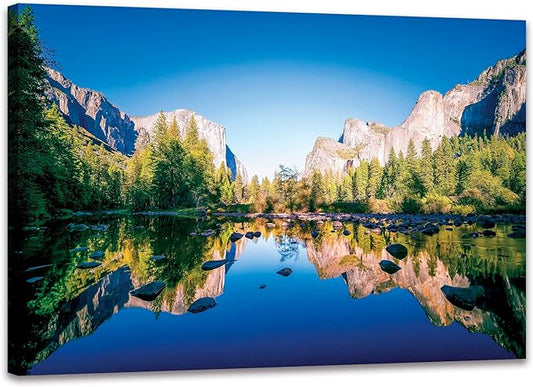 SKASNFAI Yosemite National Park Canvas Wall Art Forest Artwork Blue Lake Picture Prints Framed Home Decor for Bedroom Living Room (16x24 inch)