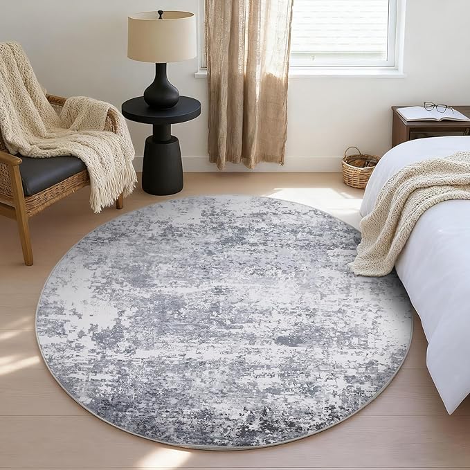 ROYHOME Modern Abstract 8x8 Round Area Rug Non Slip Non Shedding Rug Low Pile Stain Resistant for Bedroom Living Room Office Dining Room,Light Grey