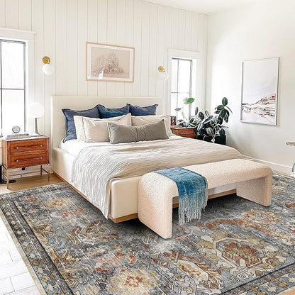 RUGSURE Washable Area Rugs - Perfect for Living Room, Bedroom, Kids Room, Nursery - Stain & Water Resistant Non-Slip, Pet & Child Friendly, Vintage Tribal Area Rugs (Turmeric and Grey, 6' x 9')